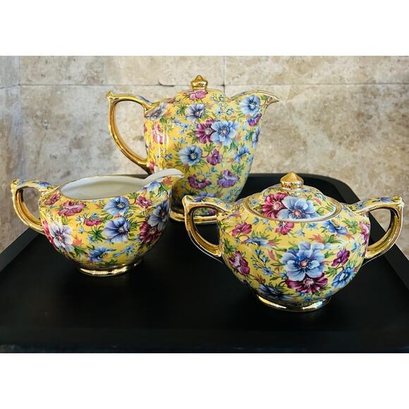 JAMES SADLER SOPHIE CHINTZ MINI COFFEE POT, CREAMER, AND SUGAR - VINTAGE/RARE - Picture 4 of 10